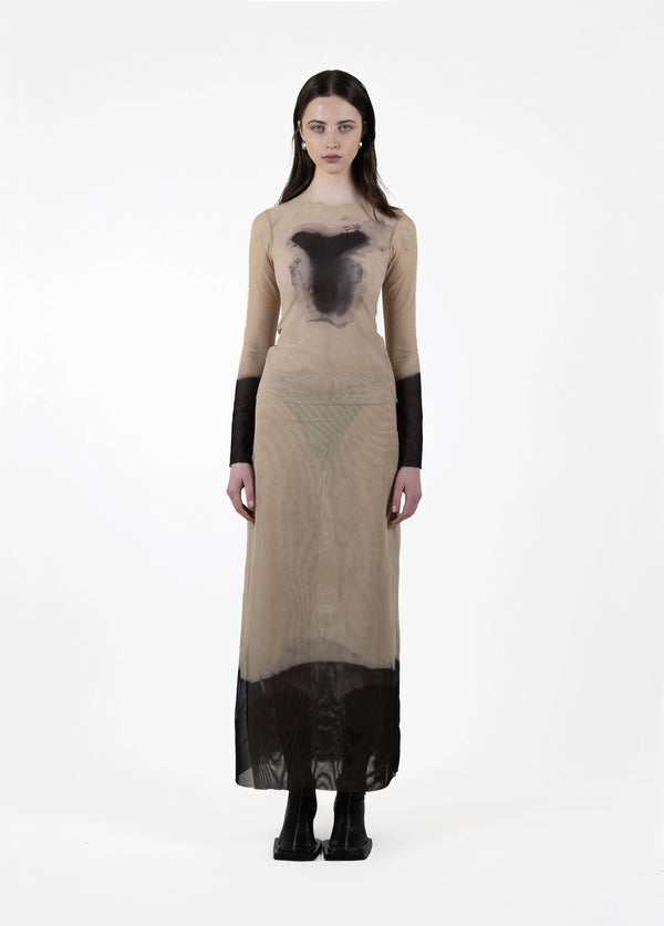 Hand-dyed mesh top with unique dye patterns, worn by model.